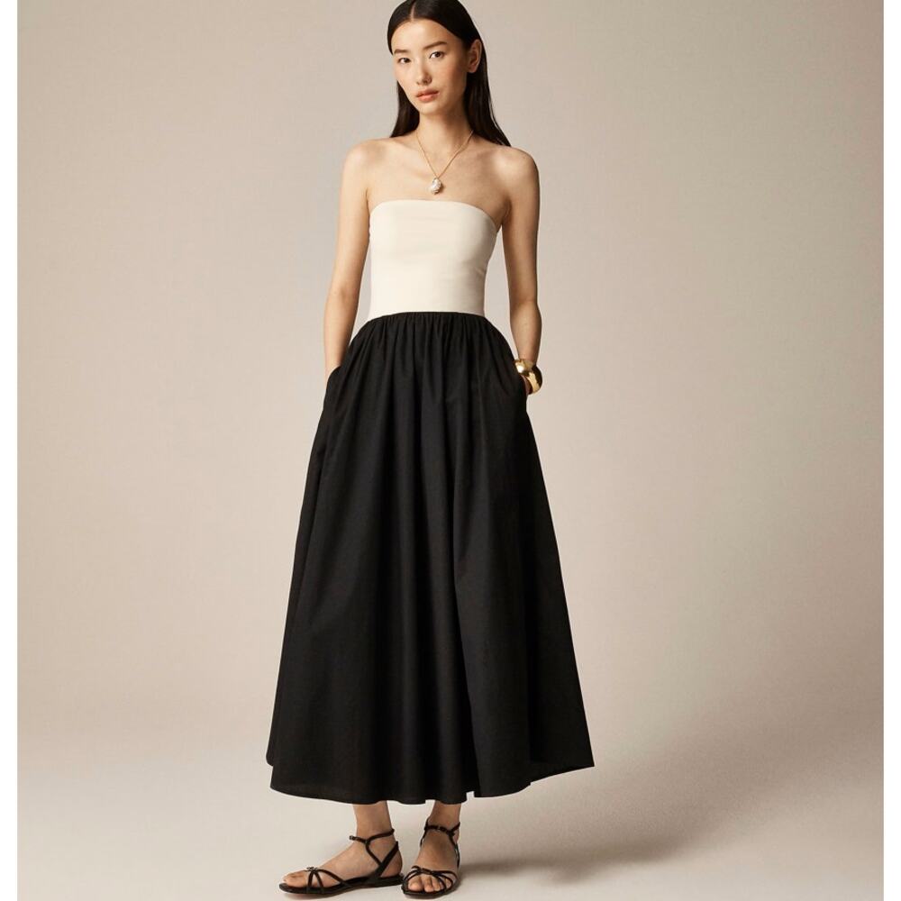 J.Crew Strapless Mixy Midi Dress WMNS XS Black Cream Colorblock A-Line Stretchy